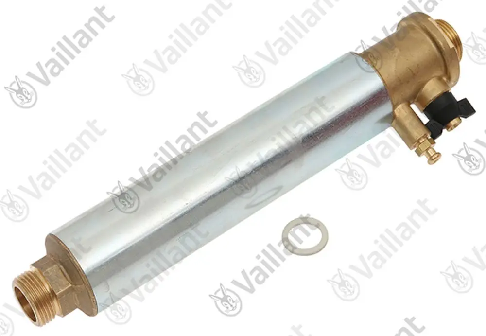 Vaillant Rohr mit Metalloberfläche und Messinganschlüssen, ausgestattet mit einem Ventil auf der Seite, sowie einer Dichtung.